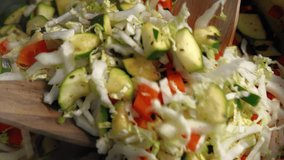 Cooking fresh veggies with herbs. Stirring cabbage, zucchini and bell peppers in a frying pan or wok with a spatula. - Powered by Shutterstock - Get 15% off with code: PIKWIZARD15