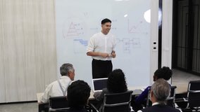 Business meeting and presentation in modern office. Team listen speaker explaining ideas on whiteboard with charts and diagrams. Concept of teamwork leadership corporate training and communication. - Powered by Shutterstock - Get 15% off with code: PIKWIZARD15