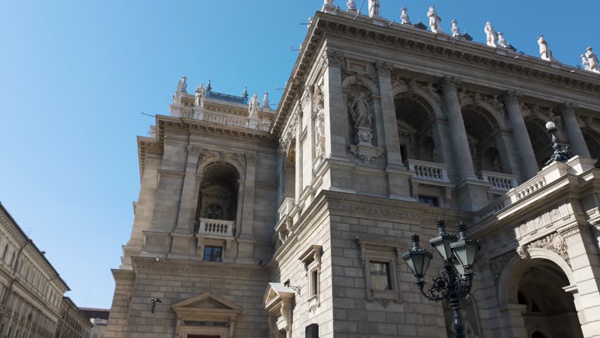 Hungarian State Opera’s front façade, emphasizing its grand arches, multiple statues, and historic European design