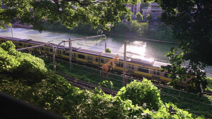 Tokyo Train Passing on Warm Summer Day, Japan Travel Establishing Shot