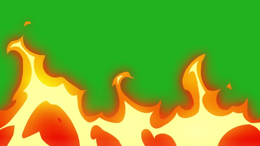 An illustration of vibrant, stylized fire flames with bright yellow and orange hues against a green screen background, designed for animation