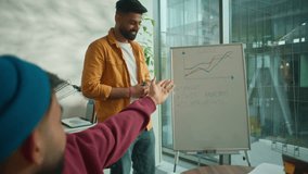 Diverse startup informal business team in modern office watching presentation with growth chart on whiteboard brainstorming ideas analyzing data talking discussing strategy planning project success - Powered by Shutterstock - Get 15% off with code: PIKWIZARD15