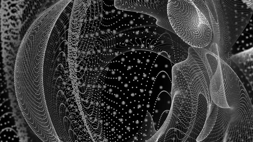 black and white spiraling geometric shape animation, epic flickering, lines and particle dots, visualiser in greyscale