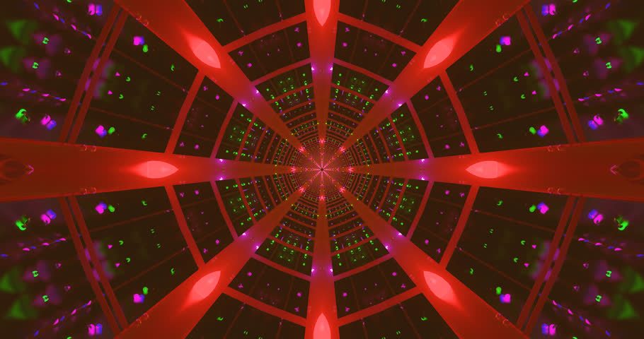 A 3d animated bright, abstract colorful tunnel with a symmetrical, octagonal pattern receding into the distance.