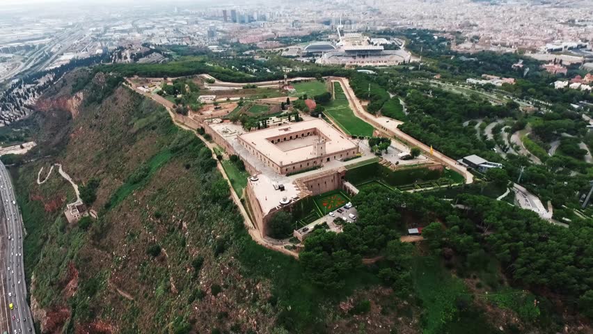Aerial View of an Historic Montjuic Castle Situated on a Hill in Urban Landscape