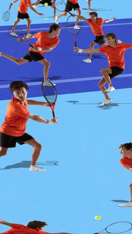 Animated ad. Multiple action sequence of male tennis player in orange shirt on blue court. Concept of sports technique, energy, competition branding, lifestyle marketing, and athletic inspiration.