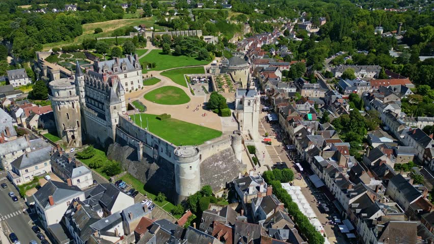 Aerial panorama revealing Royal Amboise Castle