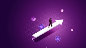 Stop motion. Businessmen walking on white digital arrow in purple futuristic grid with cubes. Concept of career progress, leadership, strategy, futuristic business, and digital marketing visuals. - Powered by Shutterstock - Get 15% off with code: PIKWIZARD15