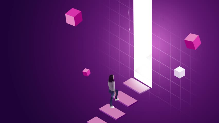 Ad template. Woman walking digital staircase into glowing portal on purple futuristic background. Concept of career growth, self-realization, digital future, personal journey, and creative branding.