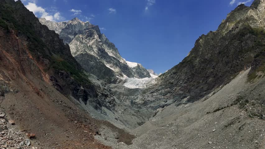 Panoramic View of Chalaadi Glacier Melting in the Greater Caucasus Mountains, Georgia, Showcasing the Effects of Climate Change
