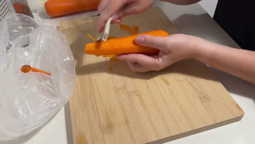 Woman peeling fresh carrot on wooden cutting board in kitchen during daytime preparation for food recipe