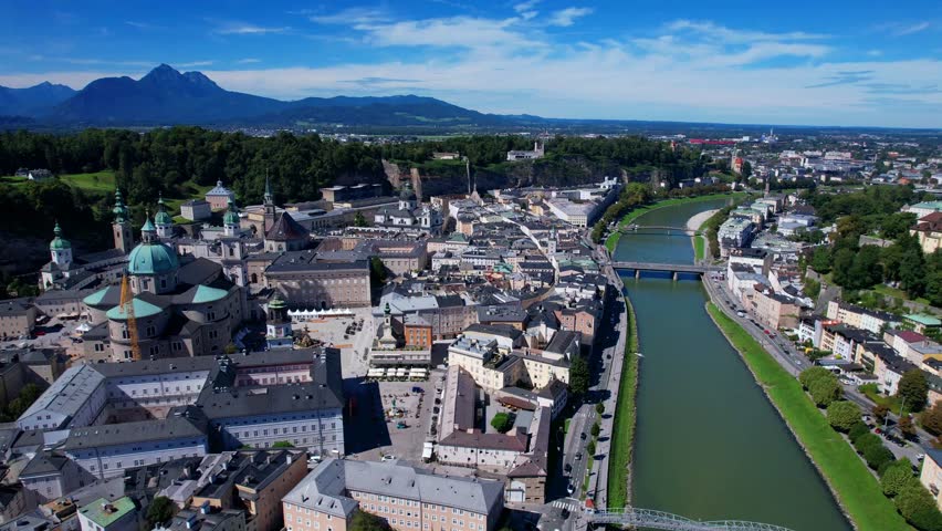 Salzburg - iconic town and great historic landmarks of Austria. aerial drone 4k hd footage of old city with Hohensalzburg fortress