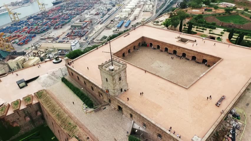 Aerial View of an Historic Montjuic Castle Situated on a Hill with Seaport