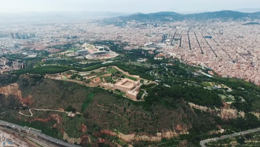 Aerial View of an Historic Montjuic Castle Situated on a Hill in Urban Landscape