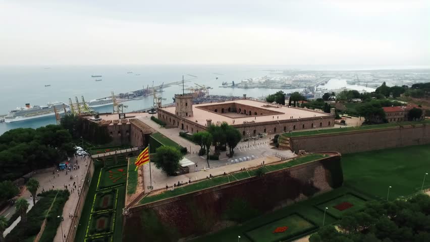 Aerial View of an Historic Montjuic Castle Situated on a Hill with Seaport