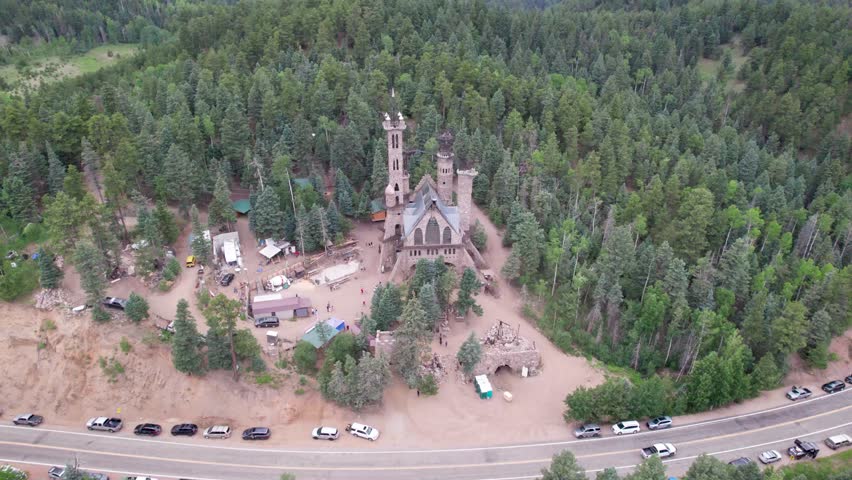 Aerial video of the Bishop Castle in Rye, Colorado. Camera rotates clockwise in point of interest style.