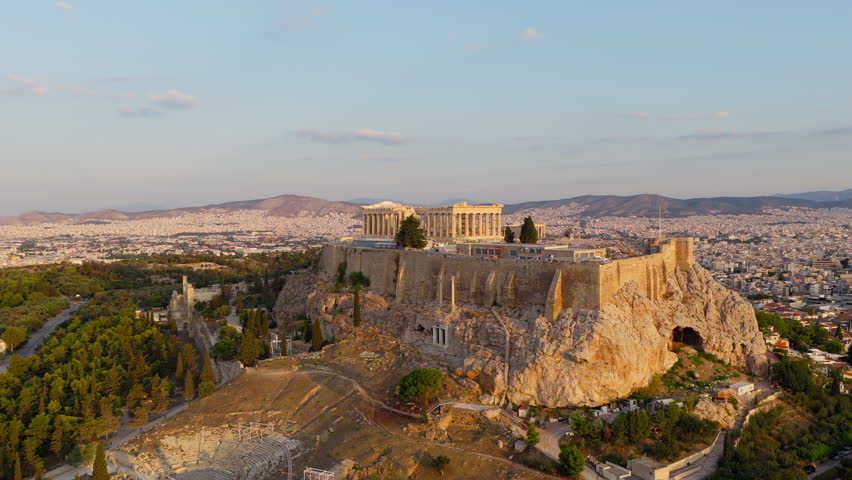 Aerial sunrise view of Acropolis and Parthenon in Athens, Greece, ancient Greek citadel