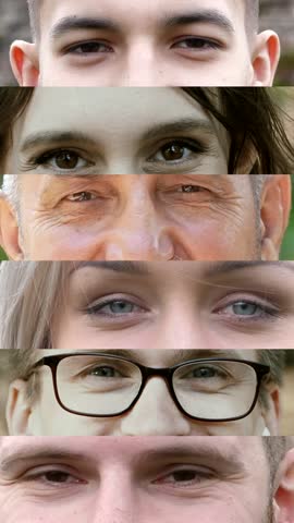 eyes of beautiful people of different ages. Collage close-up. Montage of happy people looking at the camera. Vertical video