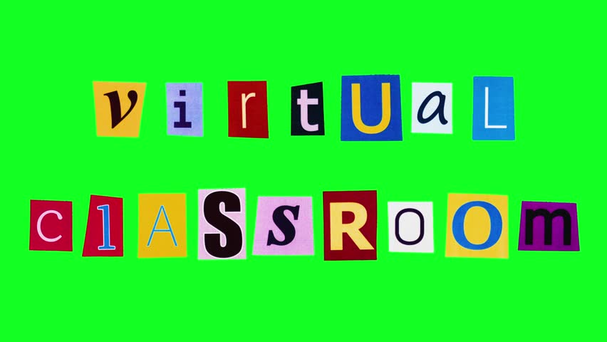 Virtual classroom title made of moving funny letters in loop stop motion animation. Isolated phrase on theme of devices for distant education. Using the Internet and modern technologies in learning