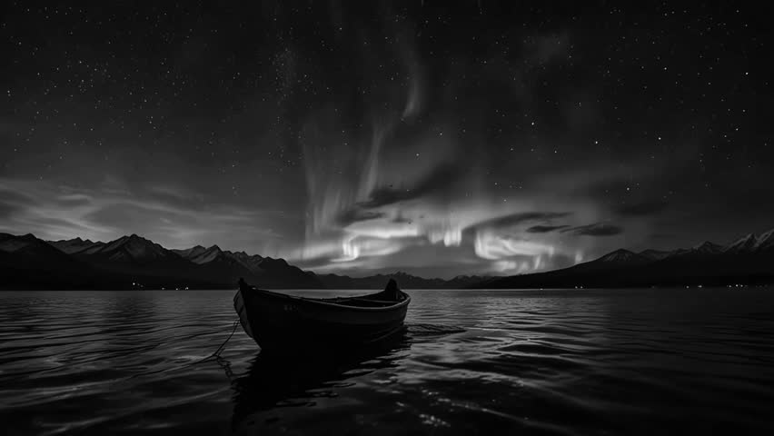 Beautiful view of boats on the lake with green and purple aurora borealis lights in the starry sky in winter above snowy mountains. Beautiful aurora scenery creates a calm atmosphere 4K