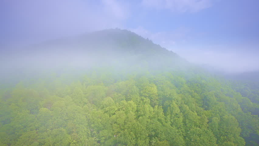 Drone view drifting across mist-hugged Smoky peaks.