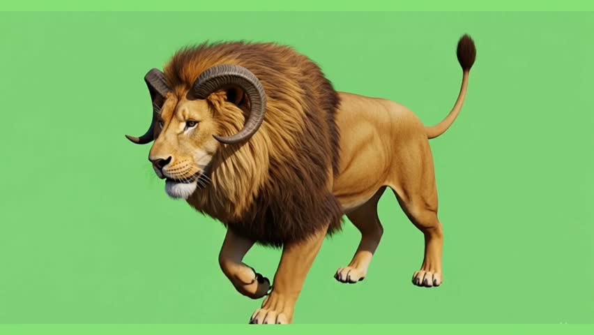 Majestic Lion with Ram Horns Walking Forward on Green Background