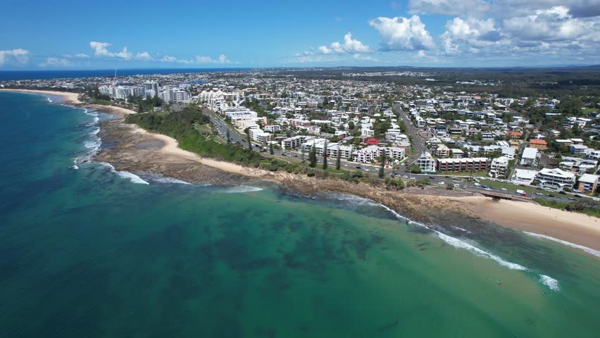 Alexandra Headland Suburb, Beach And Coastline In Summer In Queensland, Australia. - aerial shot
