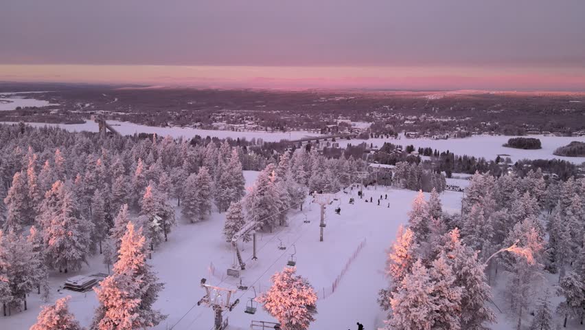 4K Drone Video of Ski Resort in Lapland at Winter Sunset
