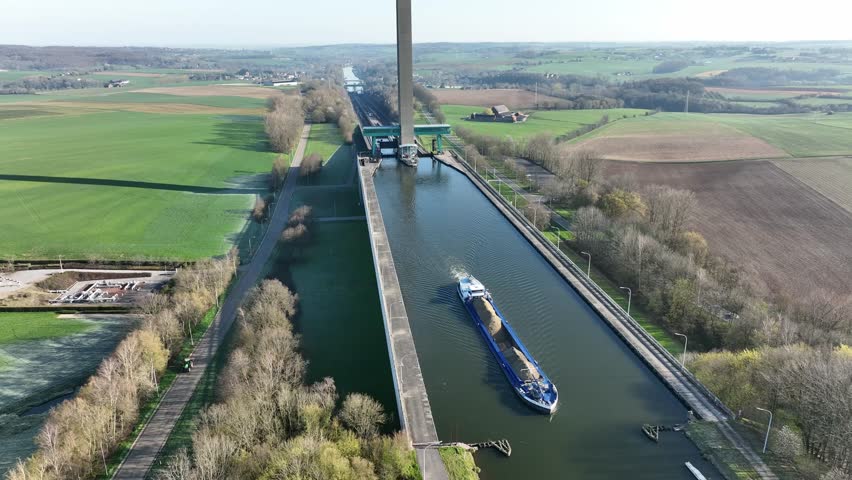 Drone aerial semi orbit showing the Ronquieres ship lift in Belgium with panoramic view of the structure and canal.