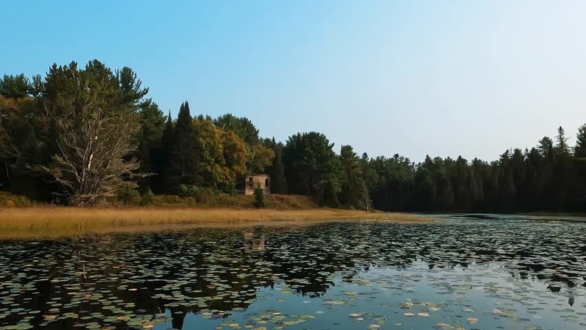 A canoe glides through lily-dotted waters in Algonquin Park, Ontario, Canada framed by forests and golden shoreline at sunset