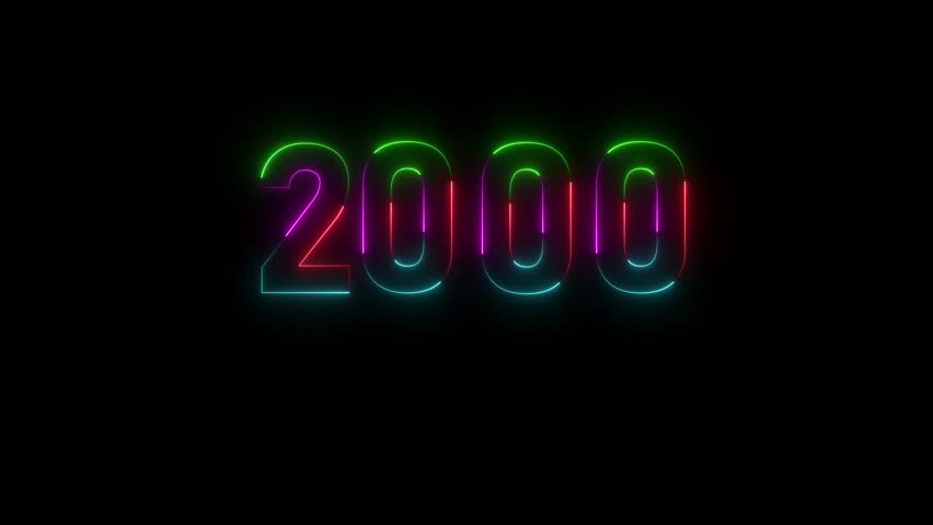 Glowing Neon number 2000 happy new year animation black background. 
