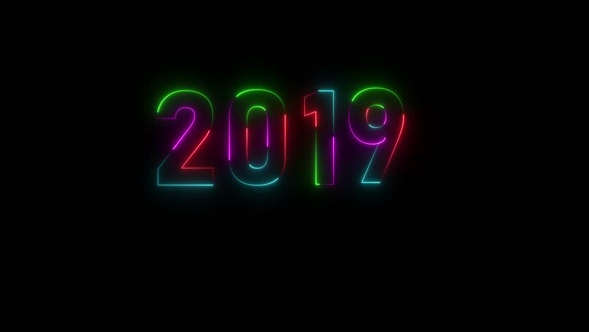 Glowing Neon number 2019 happy new year animation black background. 