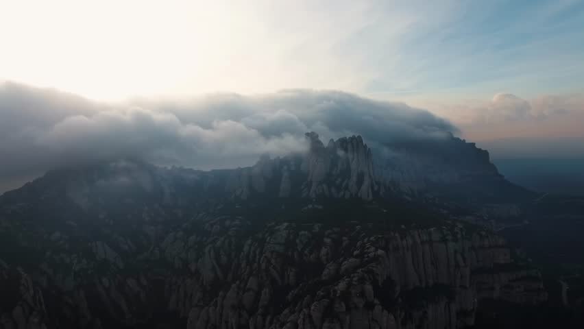 Aerial View of Montserrat Monastery and Stunning Mountain Landscape, sunset