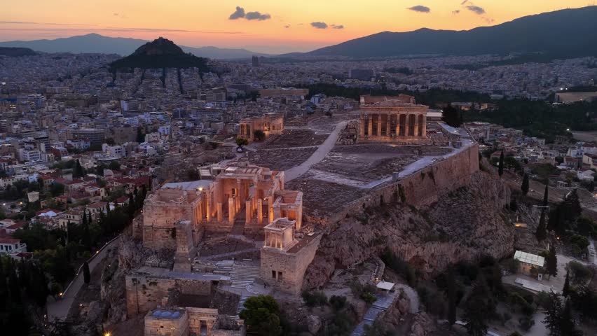 Night view of Acropolis in Athens, Greece, Ancient Greek architecture, Parthenon drone shot, ancient history landmark with night illumination