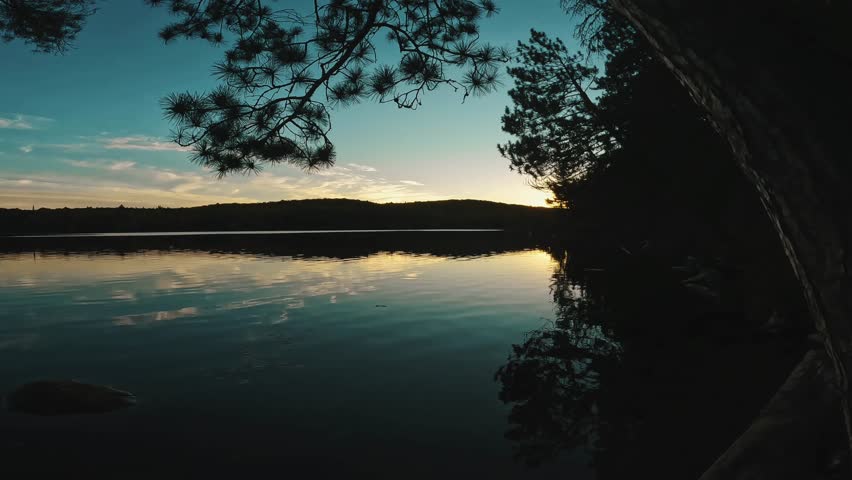 A tranquil lake at sunrise with fallen log and a rock, and silhouetted tree-lined shore framed by leaves in Ontario