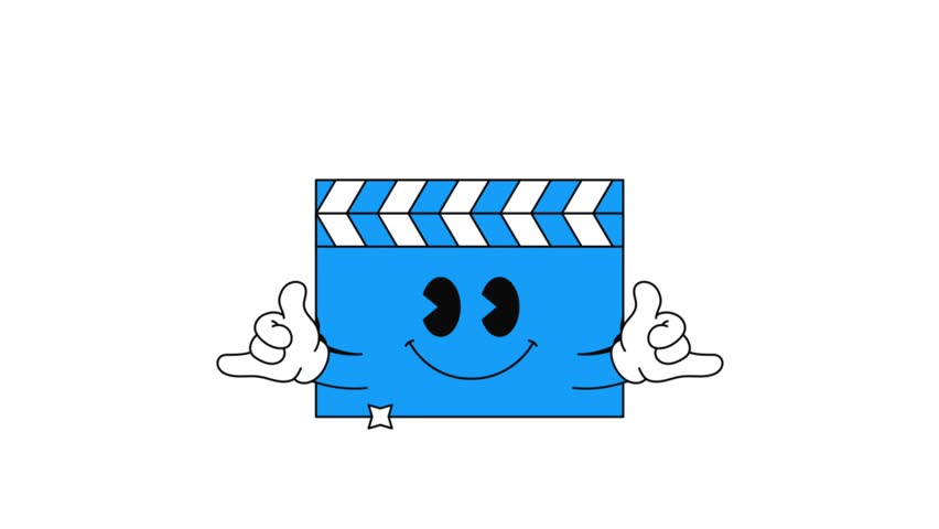 Animated Motion Graphic With A Blue Movie Clapperboard Character Smiling And Giving Positive Gesture, Ideal For Film Intros, Media Projects