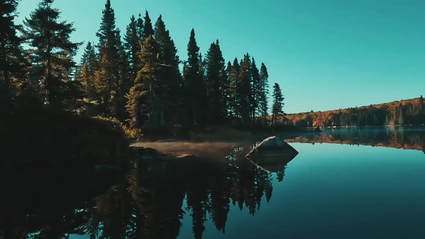 A pristine lake framed by rugged forest. The calm water reflects the surrounding wilderness under a bright sky in Algonquin Park, Ontario, Canada