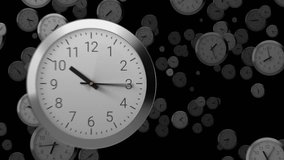 Many time lapse classic clock faces floating space showing different time. Busy time flow concept. Clock hands rotating quickly. Black background, seamless loop animation. - Powered by Shutterstock - Get 15% off with code: PIKWIZARD15