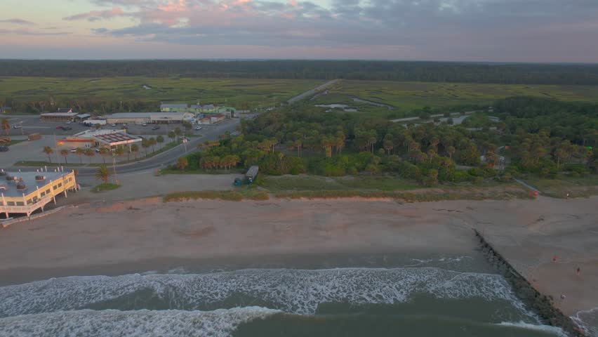 Aerial Sunrise over Edisto Island South Carolina with Beach Houses by the Ocean