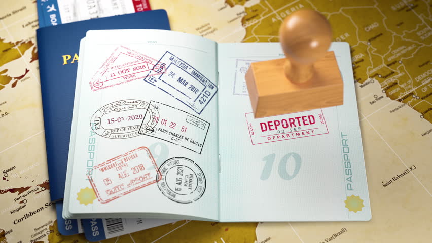 Deported red visa stamp in a open passport, Deportation and illegal immigration concept. 3D Illustration