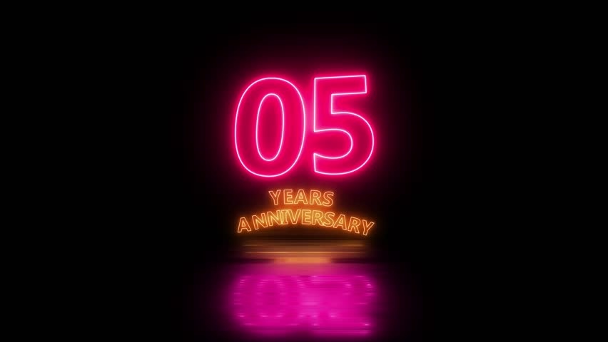Glowing neon 5 years anniversary emblem. Anniversary icon or label. front of dazzling fireworks 5 years celebration and congratulation design element splash convert animated explosion black background
