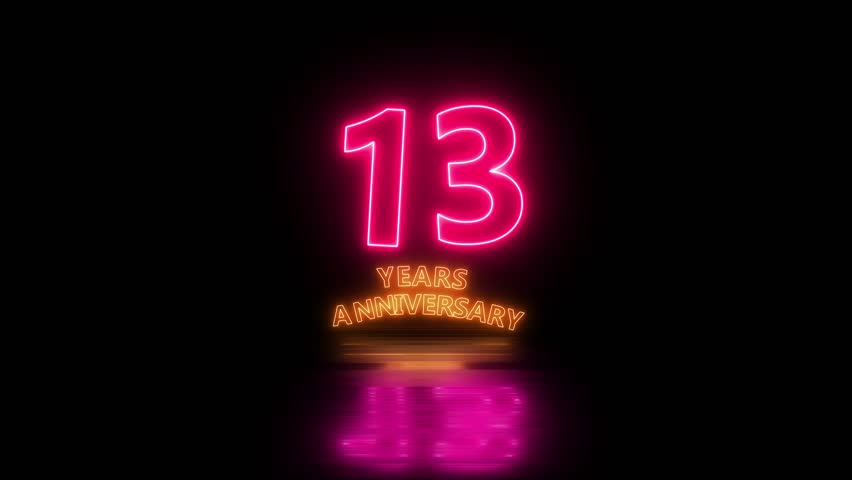 Glowing neon 13 years anniversary emblem. Anniversary icon or label. front of dazzling fireworks 13 years celebration and congratulation design element splash convert animated explosion animation.