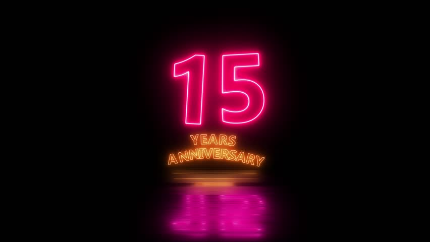 Glowing neon 15 years anniversary emblem. Anniversary icon or label. front of dazzling fireworks 15 years celebration and congratulation design element splash convert animated explosion animation.