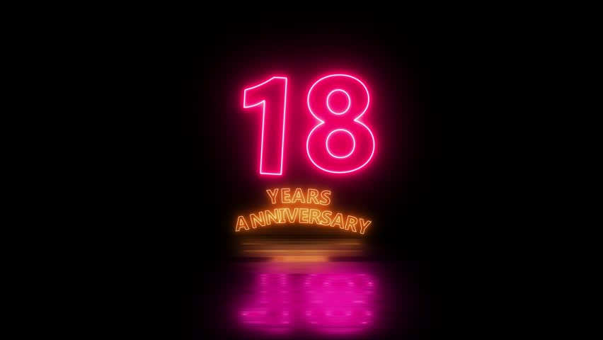 Glowing neon 18 years anniversary emblem. Anniversary icon or label. front of dazzling fireworks 18 years celebration and congratulation design element splash convert animated explosion animation.