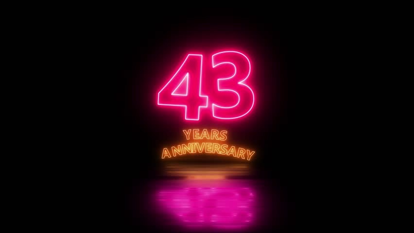 Glowing neon 43 years anniversary emblem. Anniversary icon or label. front of dazzling fireworks 43 years celebration and congratulation design element splash convert animated explosion animation.
