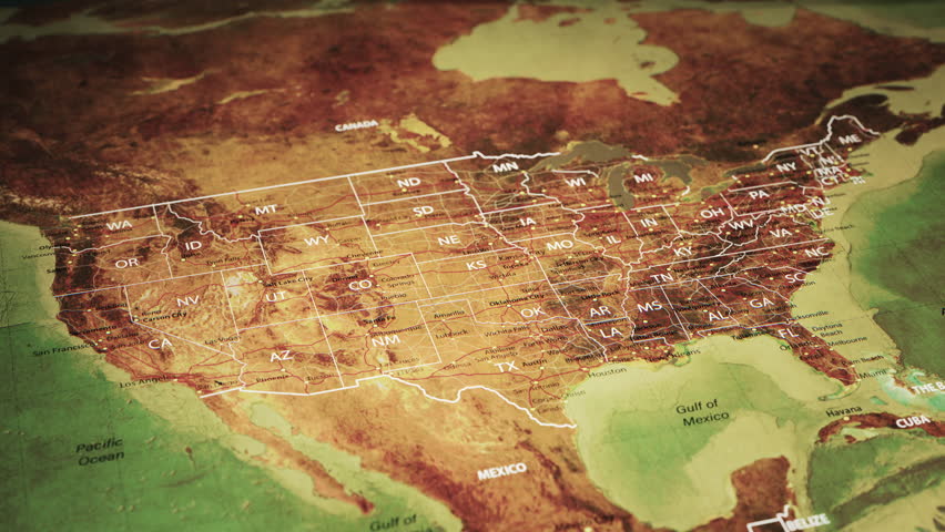 Vintage United States USA map with flags of states. 3d animation. 3D Illustration