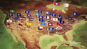 Vintage United States USA map with flags of states. 3d animation. 3D Illustration - Powered by Shutterstock - Get 15% off with code: PIKWIZARD15