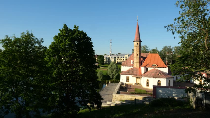 Priory Palace located on the shore of Black Lake in Gatchina town - suburb of St. Petersburg, Russia, The building stylized after medieval Catholic monasteries