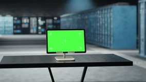 Green screen tablet in data center left running by engineers for software updates. Mockup device in server hub optimizing infrastructure supercomputers configuration for high performance - Powered by Shutterstock - Get 15% off with code: PIKWIZARD15