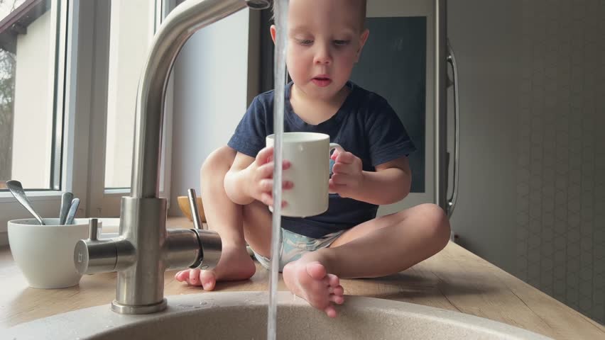 A toddler is sitting at the kitchen sink, completely captivated by the flowing water while holding a mug